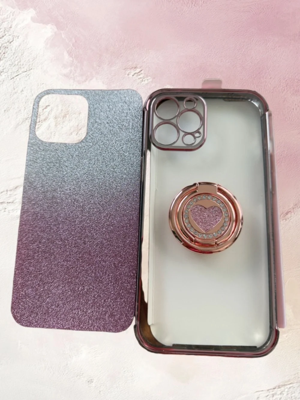 EUC GLITTER OMBRE PINK ROSE GOLD IPHONE CASE WITH HEART RING HOLDER/12 PRO MAX